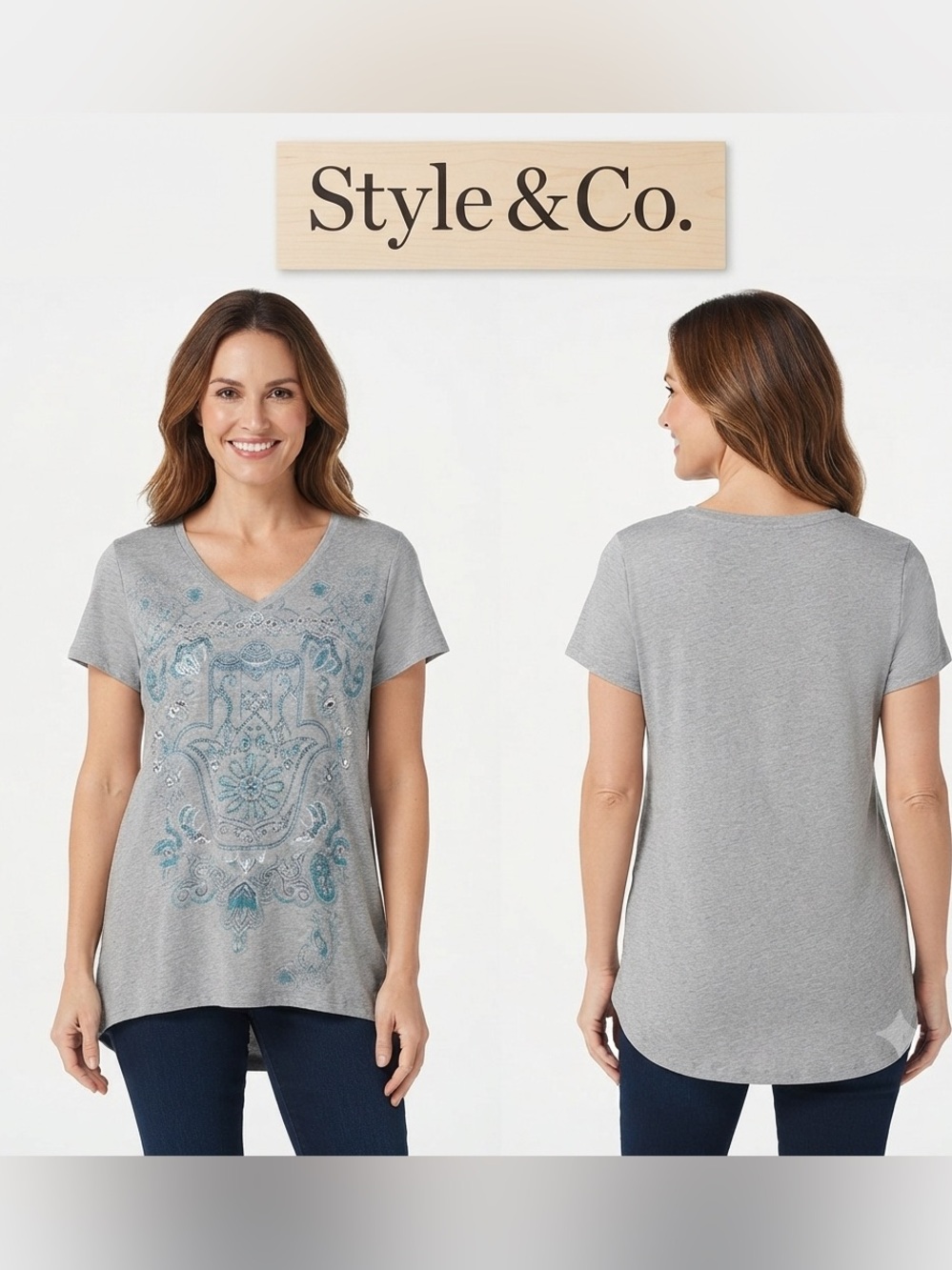 Style & Co Hamsa Gray V-Neck High Low Tee Medium